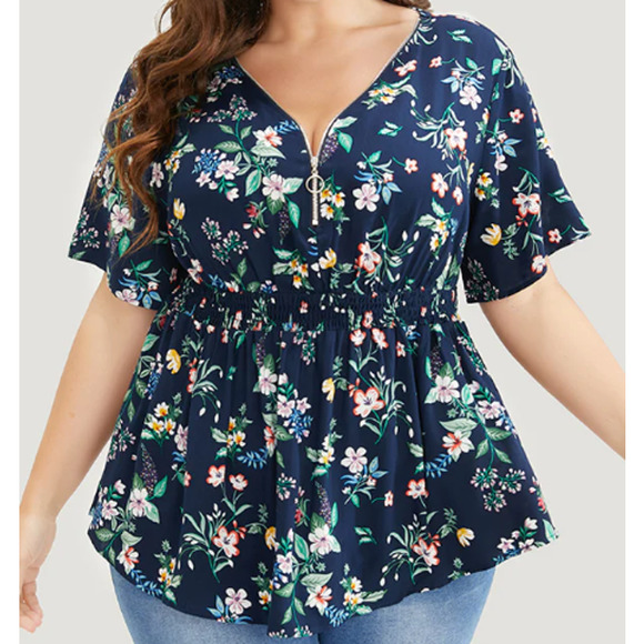 BLOOMCHIC 22-24 3X plus navy blue floral zipper elastic waist top blouse NWT B50 - Picture 1 of 8